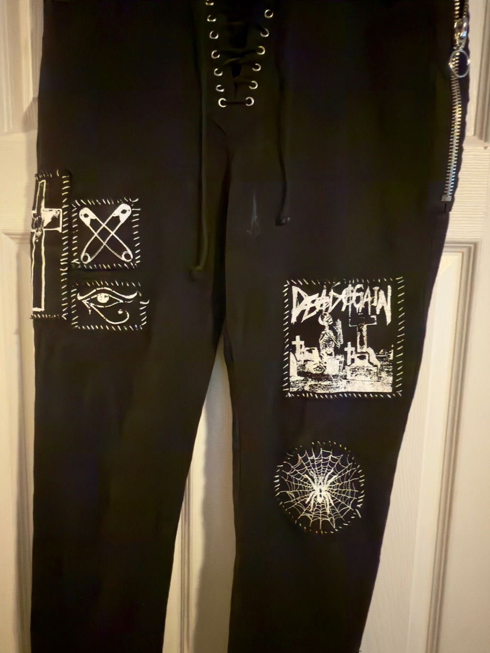 Current Mood Black Skinny lace up Jeans with White Gothic Patches